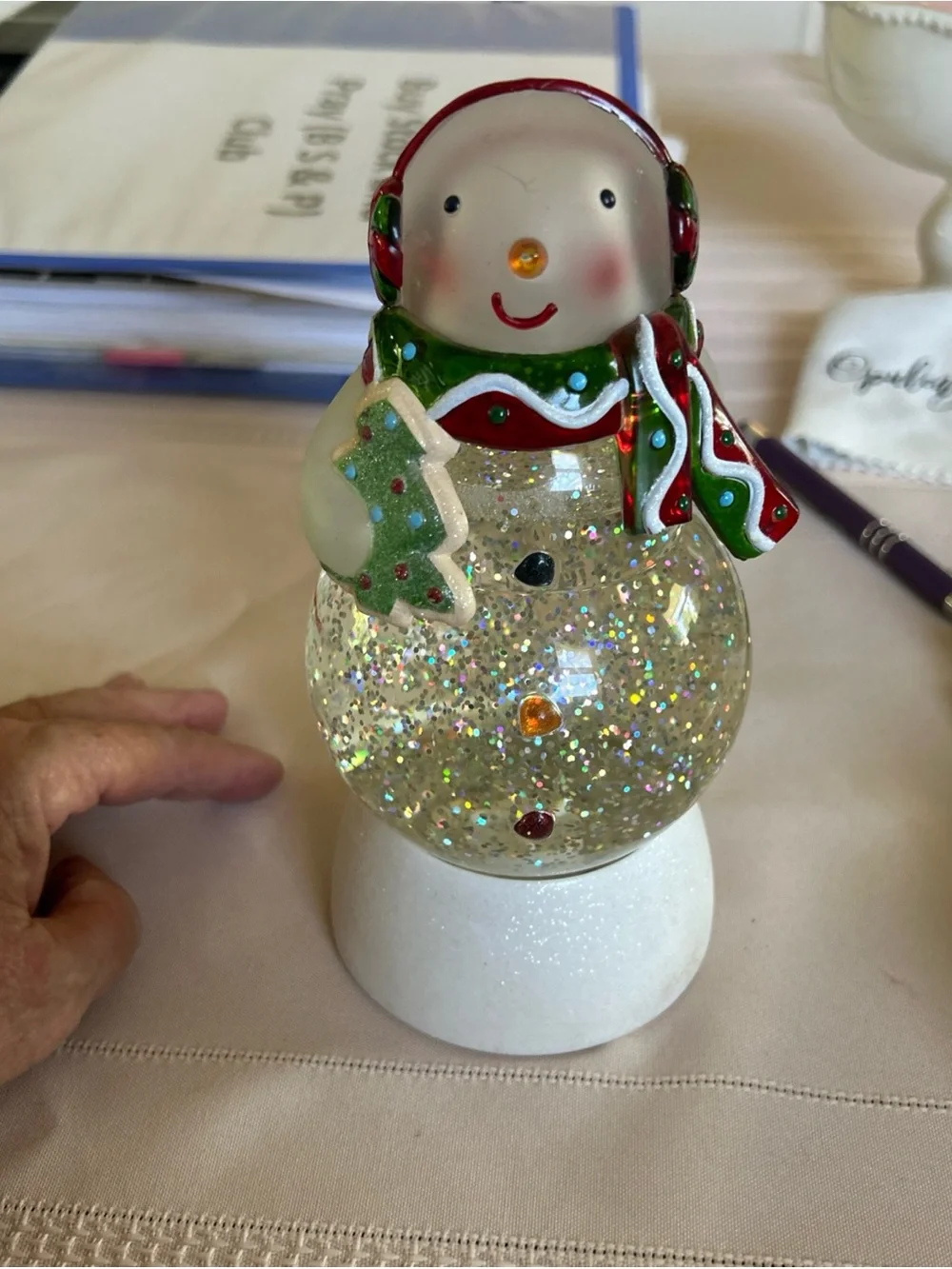 Hallmark Snowman Glitter Globe with Red and Green Accents